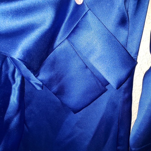 NWT Zara Sz M Satin Effect Blue Mini Dress Tie Front Long Sleeve Collared Deep V - Picture 9 of 15
